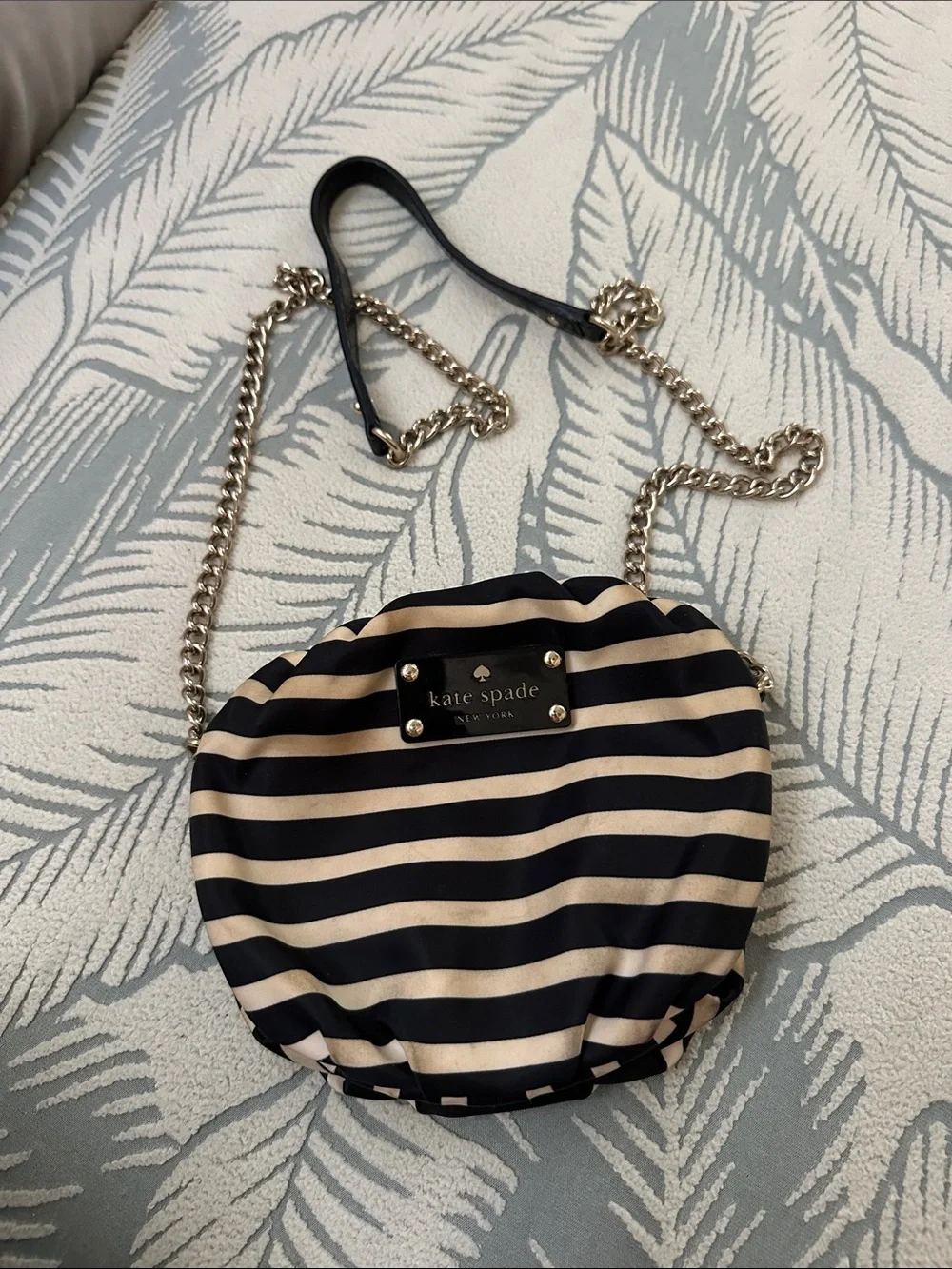 kate spade Striped Black and Cream Round Crossbody with Gold Chain